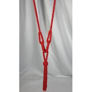Vintage Style Seed Bead Lariat Tassel Necklace Orange Red Sautoir Flapper Boho